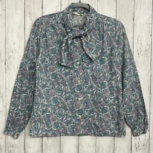 Gordon Paisley Button Down Long Sleeve Bow Tie Neck Western Vintage Blouse 6